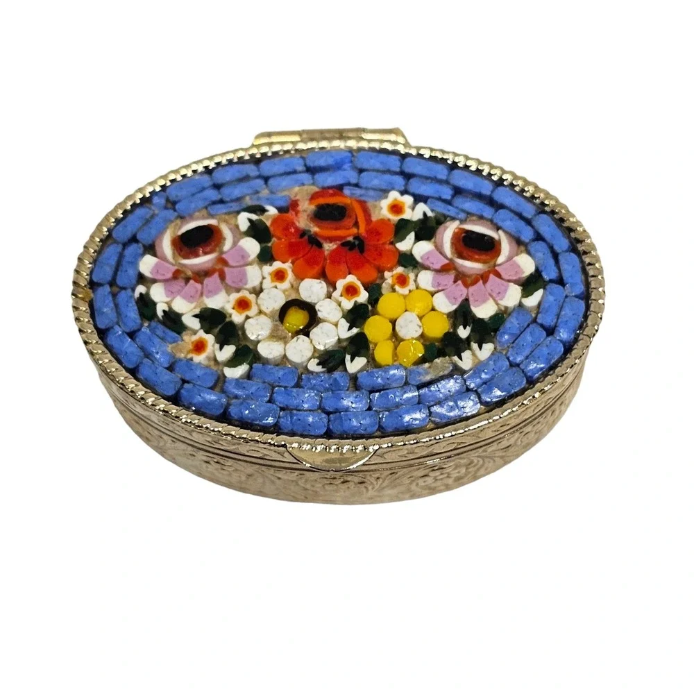 Vintage Flower Micro Mosaic Trinket‎ Box Pill Box Blue Floral